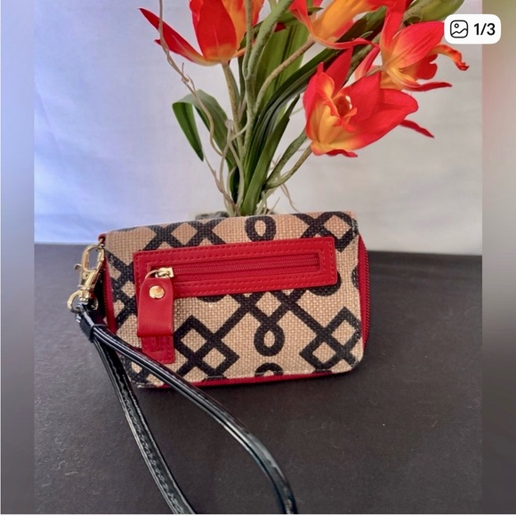 Spartina 449  EUC Red Leather Tassel On Beige Black Linen Wristlet Clutch Wallet - Picture 1 of 3